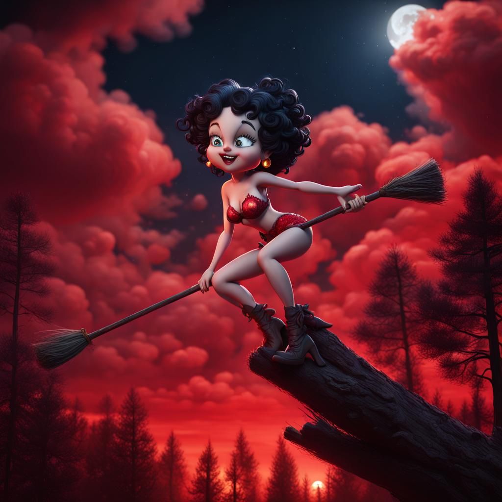 Betty Boop Witch Rides Broomstick in Fantasy Art