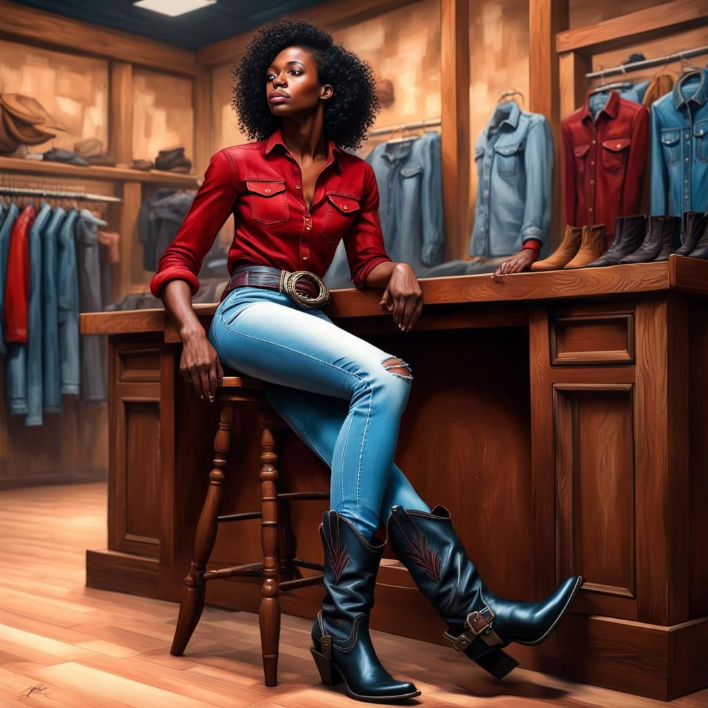 Woman in Denim Shirt Trying on Cowboy Boots