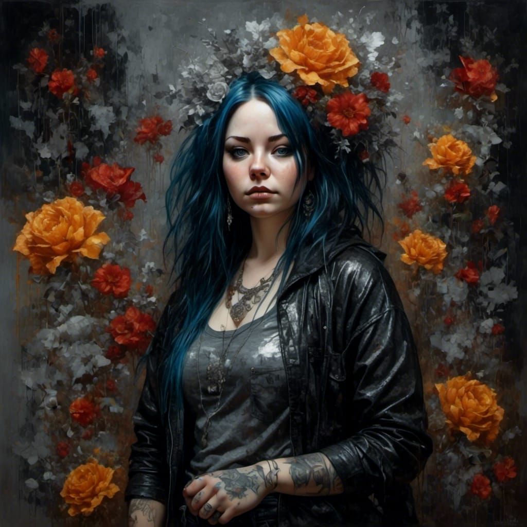 Goth Woman in Flowers with Fractal Silver Light