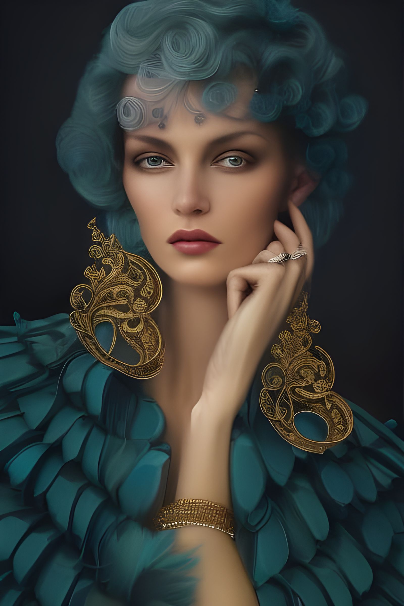 Art Deco Woman Portrait with Gold Jewelry