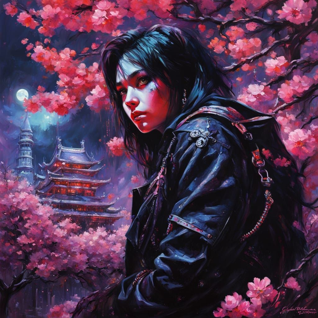 Horrorpunk Cherry Blossoms in Eerie Neon Park