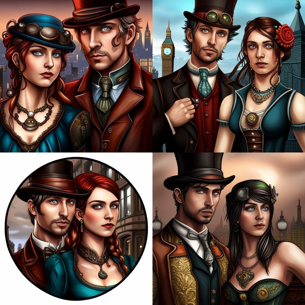 Steampunk Couple in Victorian London Landscape