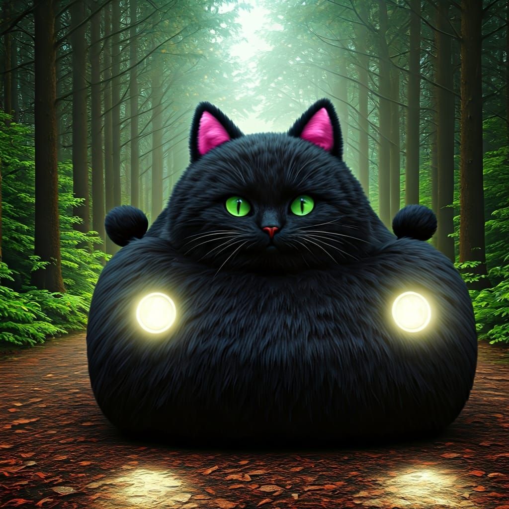 Luxurious Fur Car with Cat Features in Mystical Forest