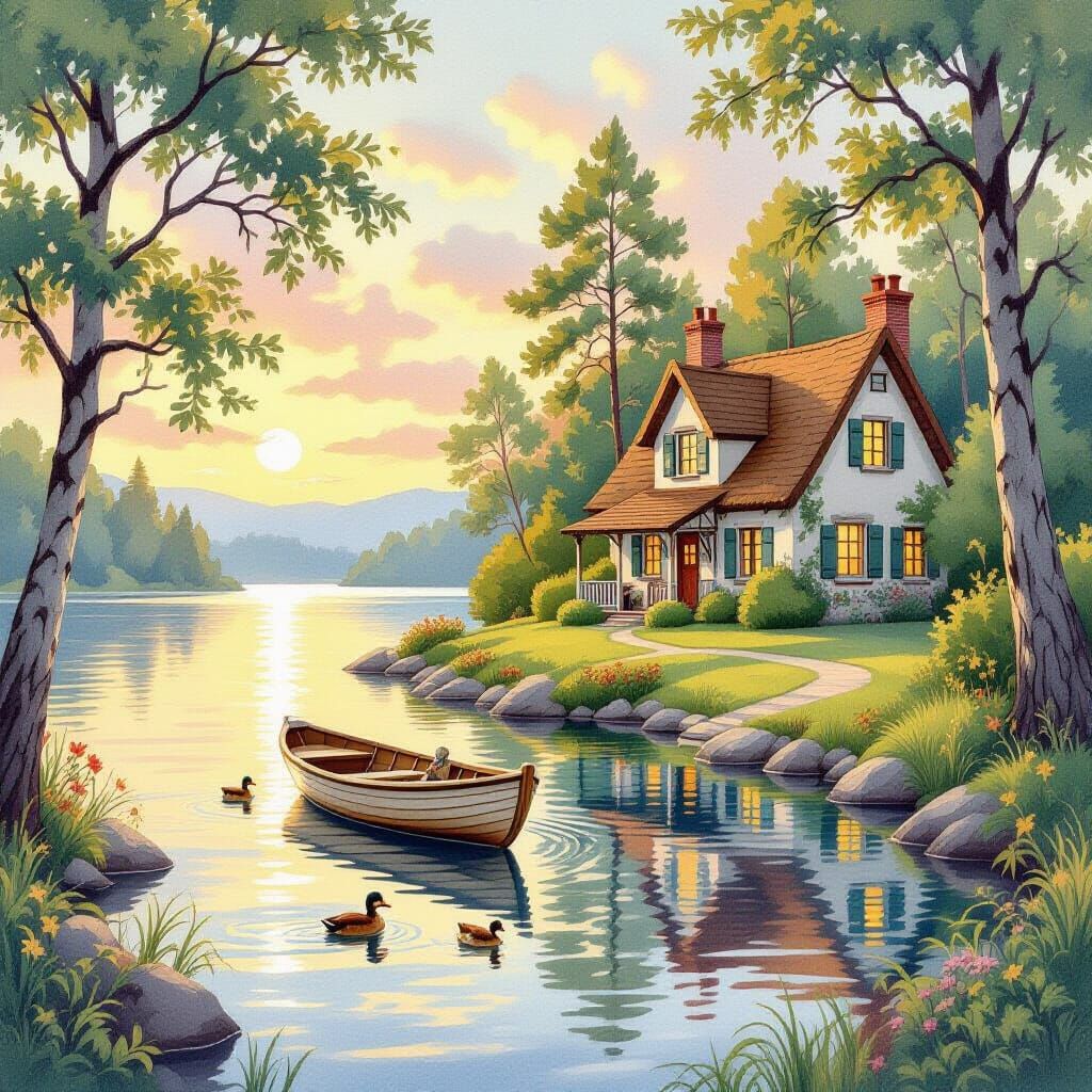 Serene Lakeside Cottage in Watercolor Art Style