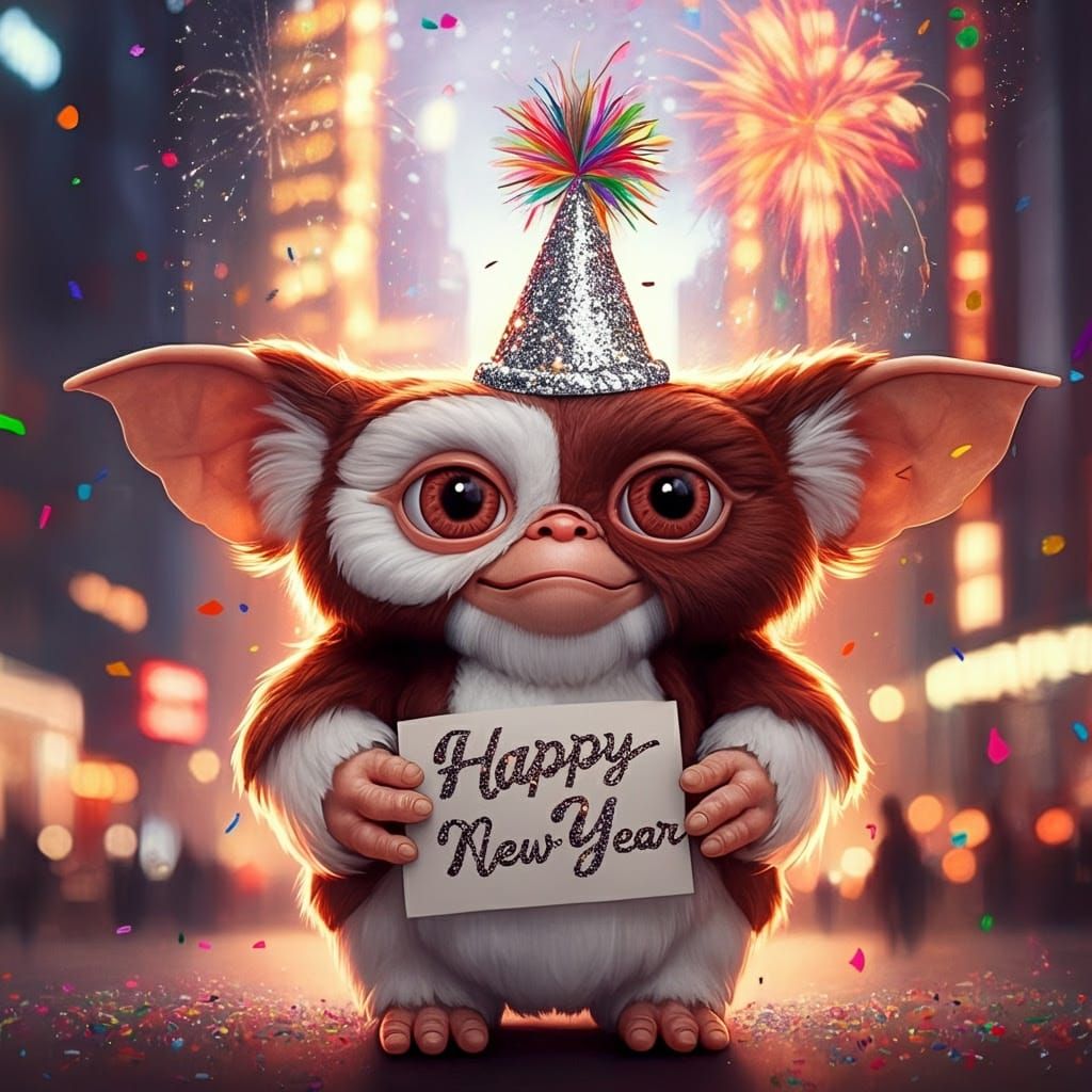 Whimsical Cityscape with Lovable Mogwai Surrounded by Firewo...