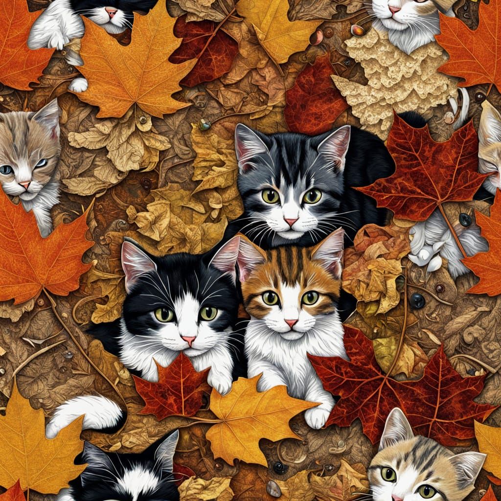 Kittens Play Amidst Textured Autumn Leaves Collage