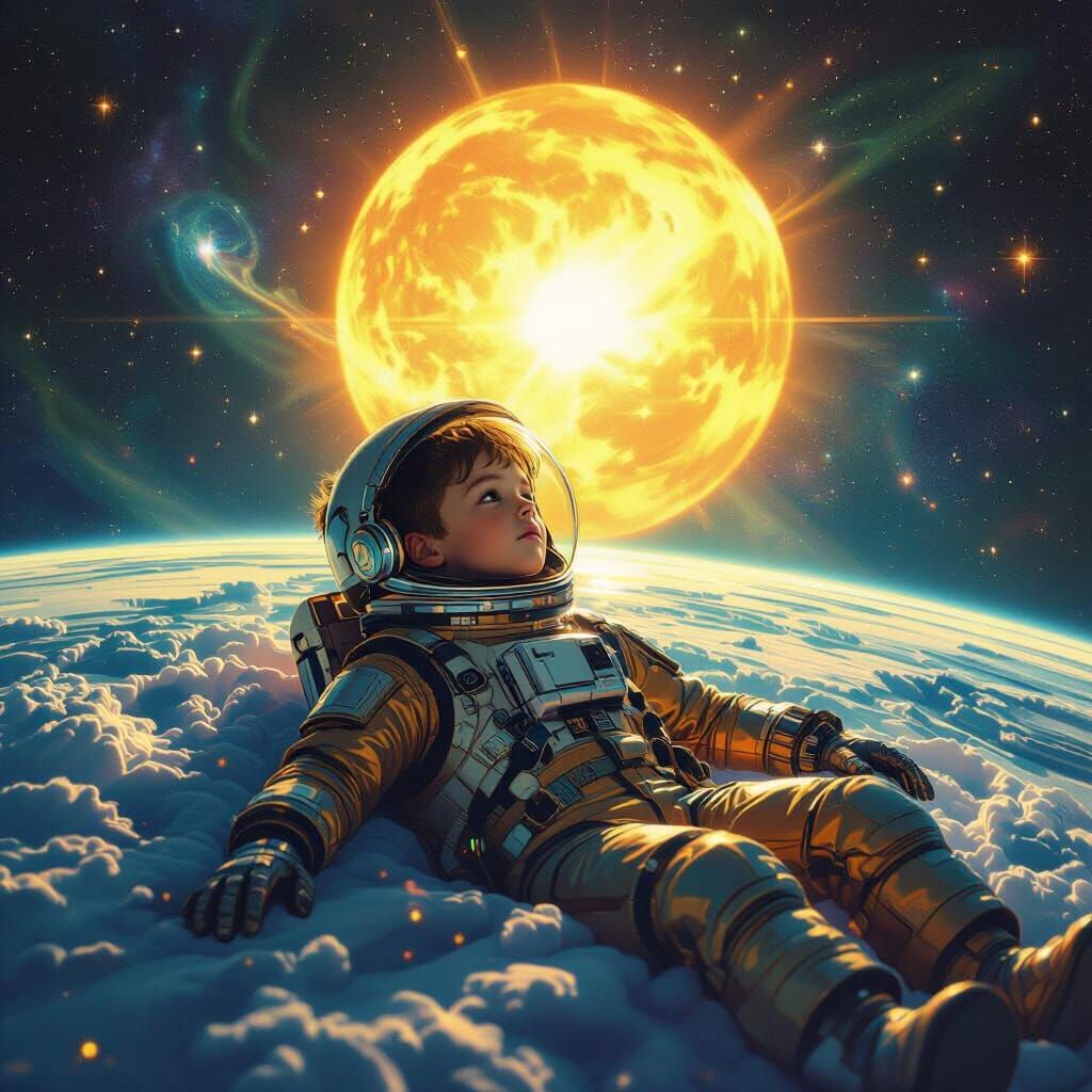 Boy in Spacesuit Floats Near Earth and Sun