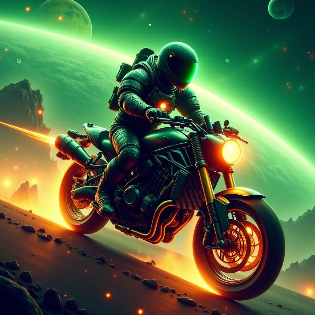 Space Marine on Motorcycle Soaring Through Cosmos