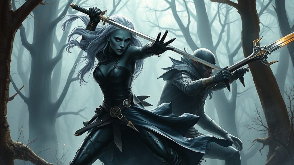 Dark Fantasy Warrior Clash in a Mystical Forest