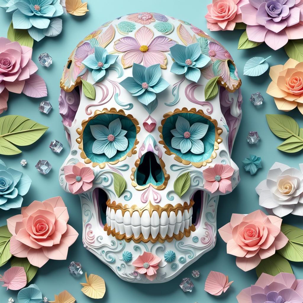 Ornate Crystal Sugar Skull with Flowers and Jewels