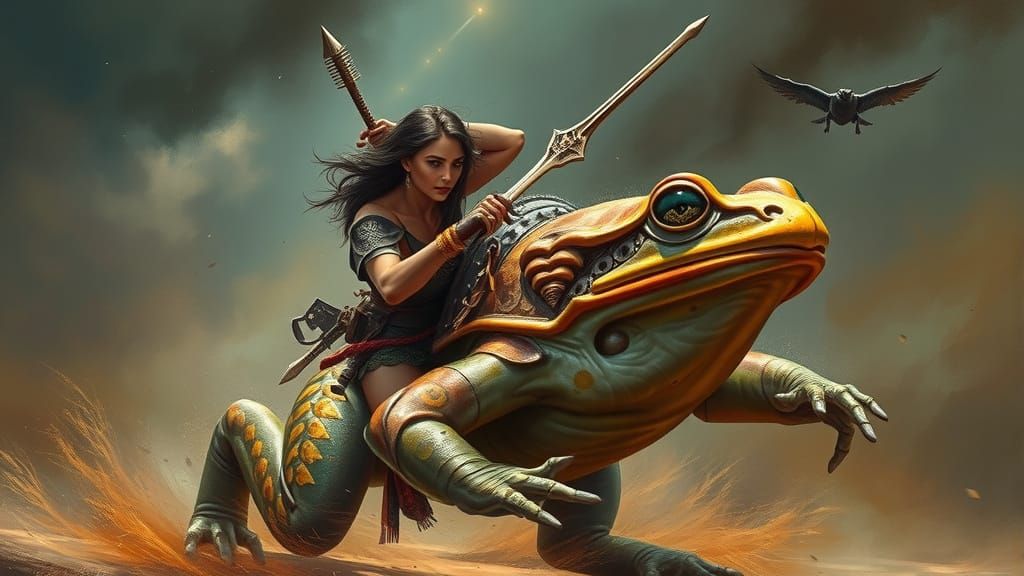 Warrior Woman Rides Armored Frog: Oil Painting