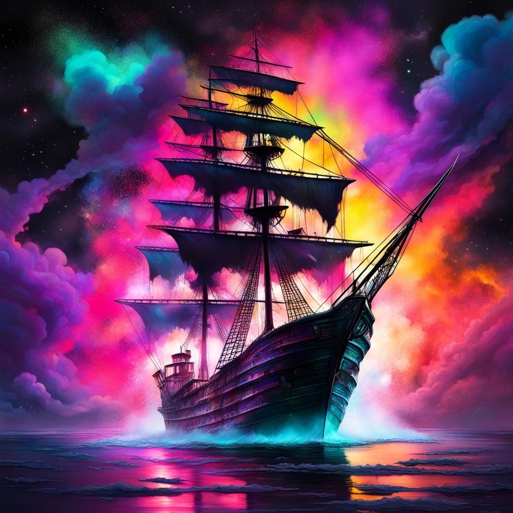 Neon Pirate Ship Fading: Graffiti Galaxy Art