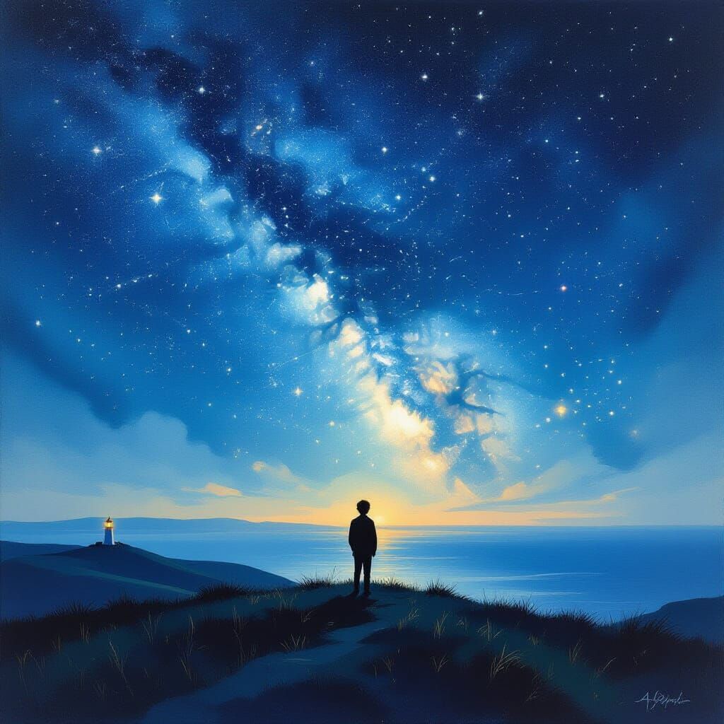 Boy Gazing at Starry Night Sky from Windswept Hill