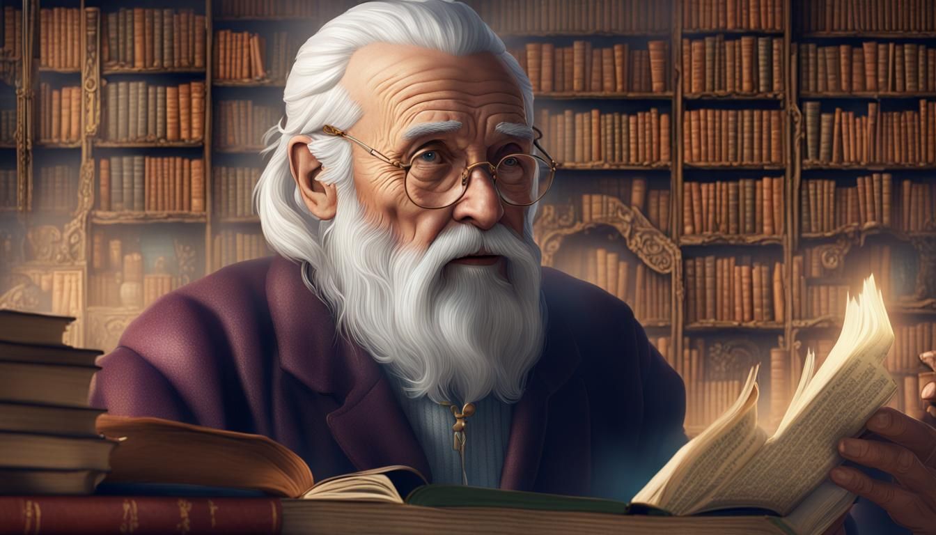 Old Man Reading in Library, Fantasy Concept Art