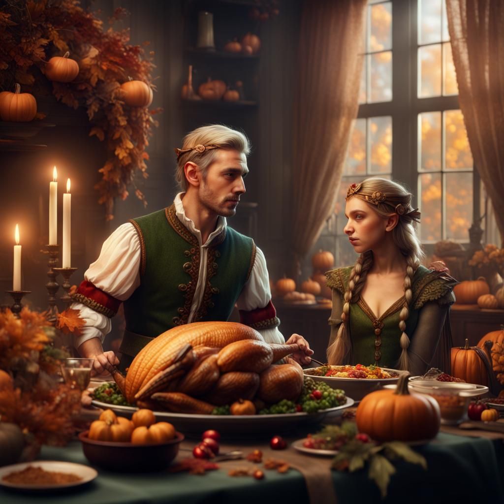 Elves Celebrate Thanksgiving: Detailed Digital Matte Paintin...