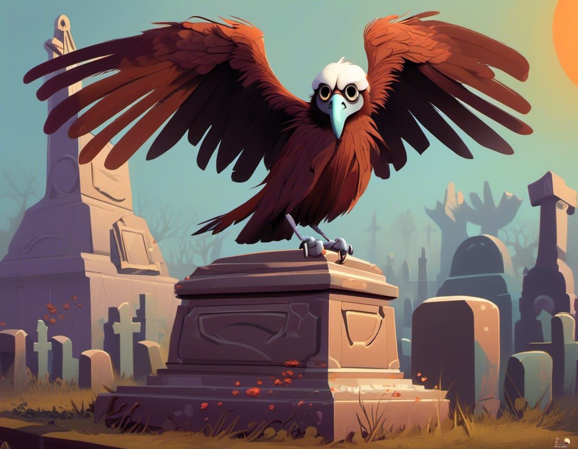 Colorful Cartoon Vulture Dances in Graveyard