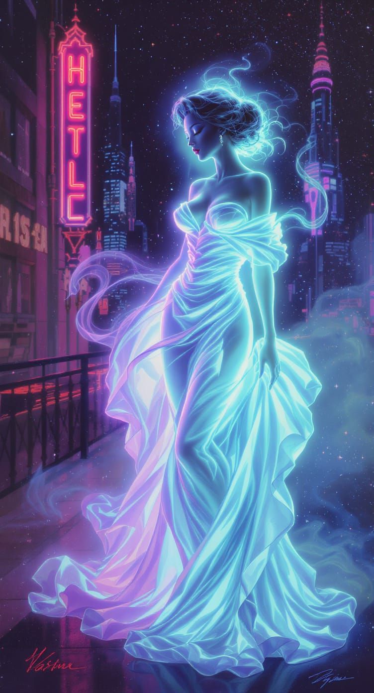 Ethereal Neon Specter in Retro-Futuristic Cityscape