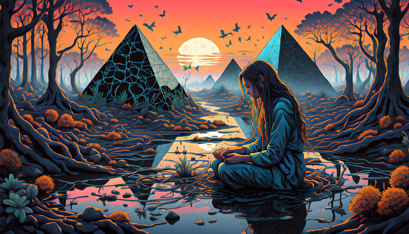 Mystical Woman Walking on Pyramids: Surreal Collage Art