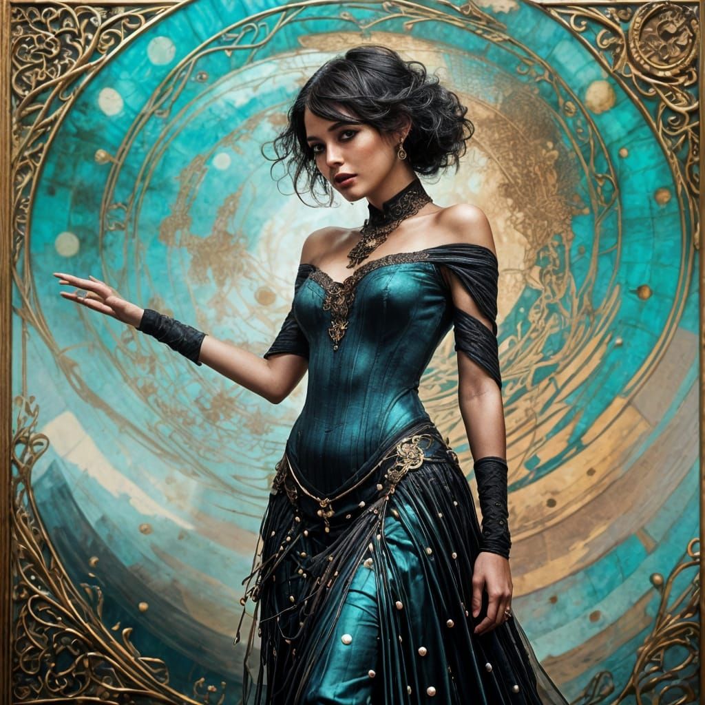 Ethereal Woman in Royal Hall, Inky Portrait