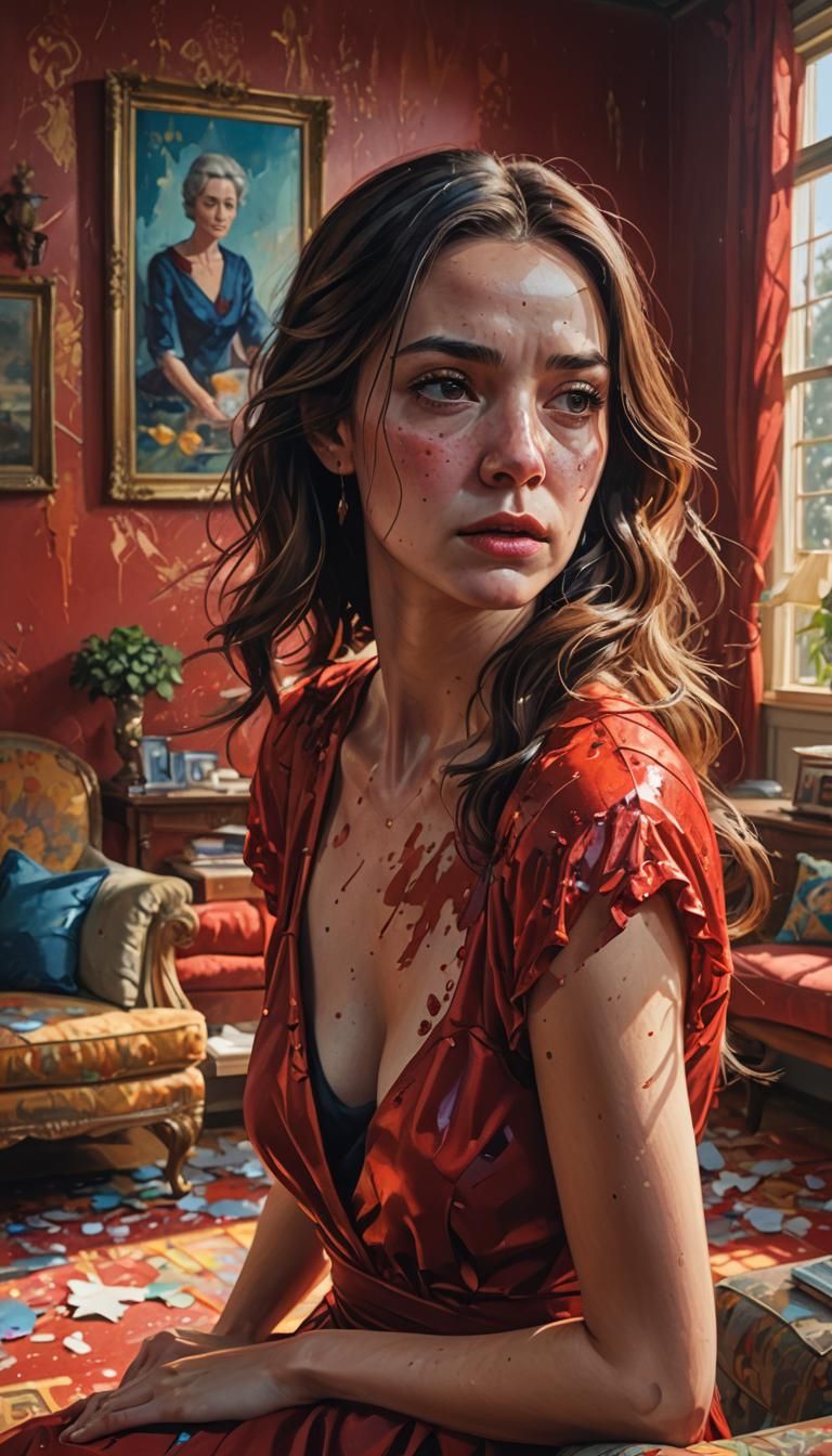 Sad Woman in Red Dress: Hyperrealistic Splash Art