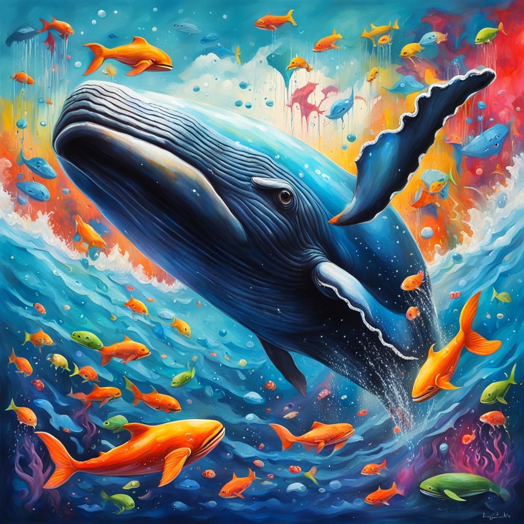 Whale Swimming with Fish in Graffiti Art Style