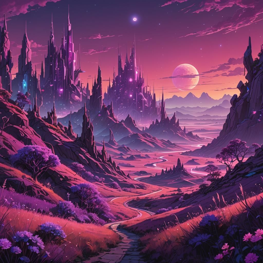 Luminous Purple Fantasy Landscape with Crystal Spires