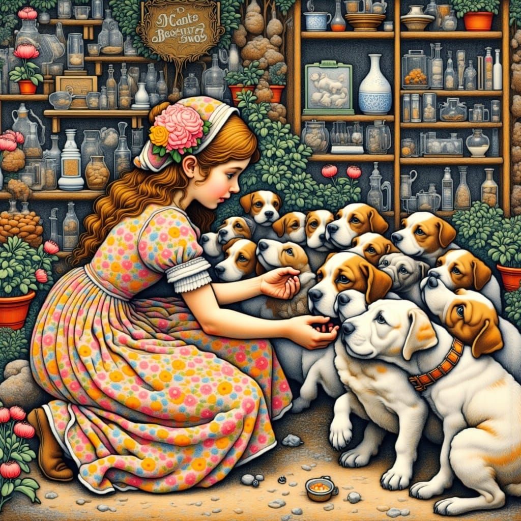 Girl Chooses Puppy in Beatrix Potter Style