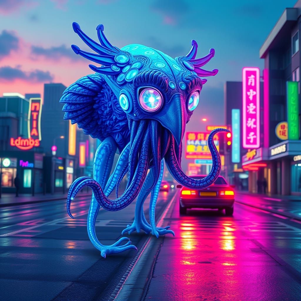 Bioluminescent Squid-Eagle Hybrid in Neon Cityscape