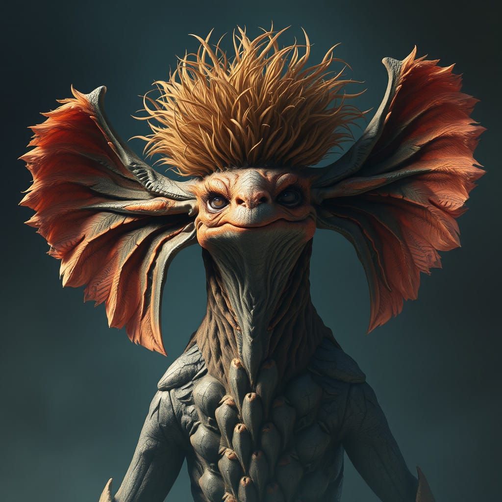 Towering Mystical Creature with Elongated Earlobes and Frenz...