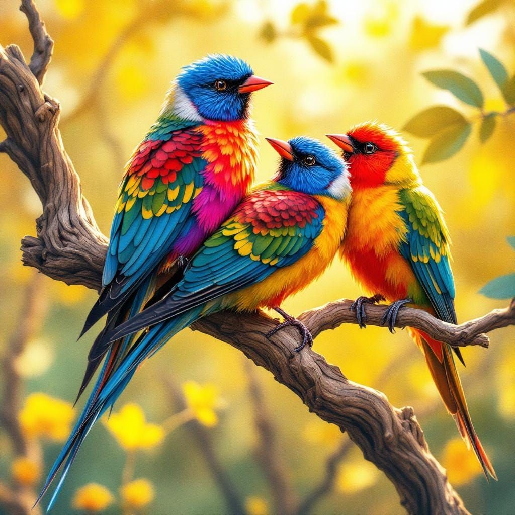 Colorful Birds on Branch in Sunlight
