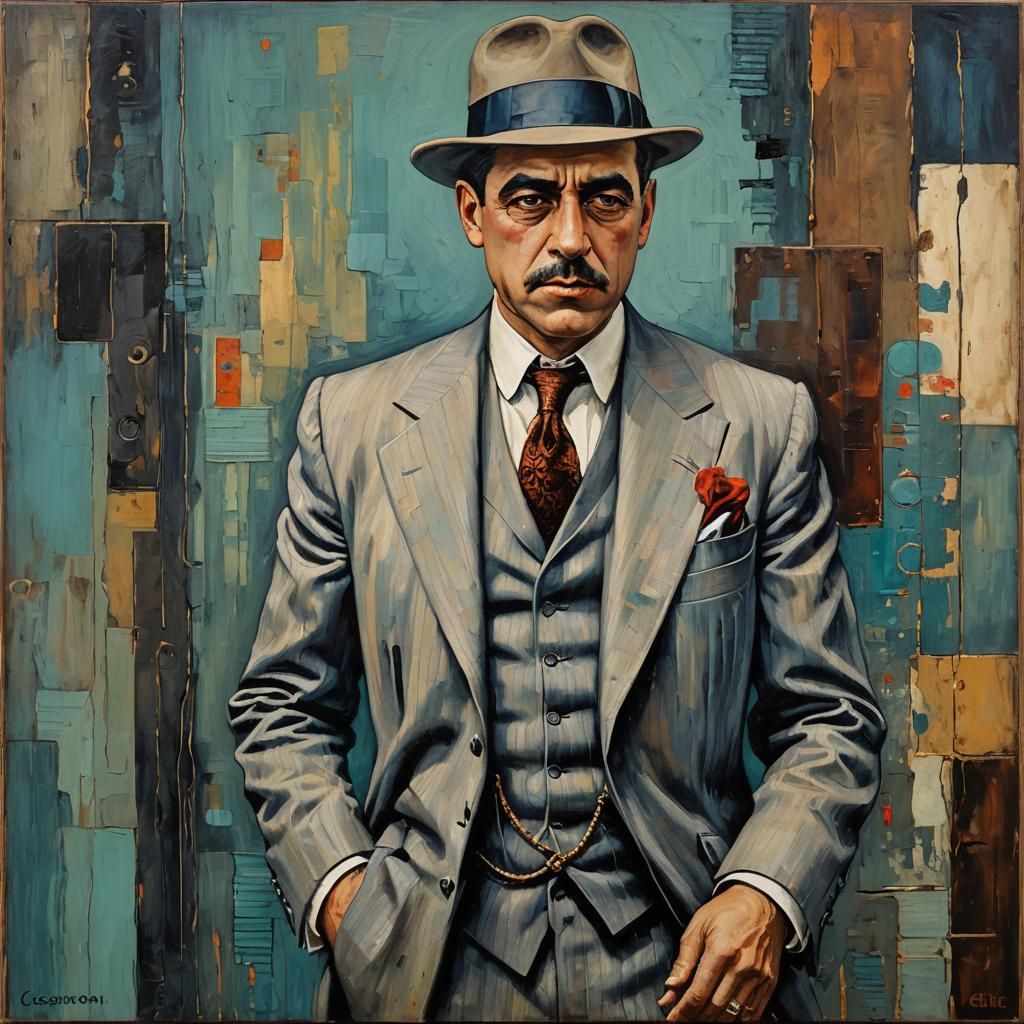 1920s Gangster Oil Painting in Cool Colors