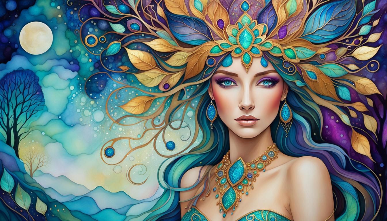 Magical Forest Woman in Vibrant Alcohol Ink Art