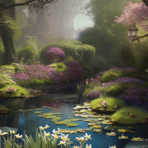 Fairycore Victorian Water Garden in Spring Sunlight