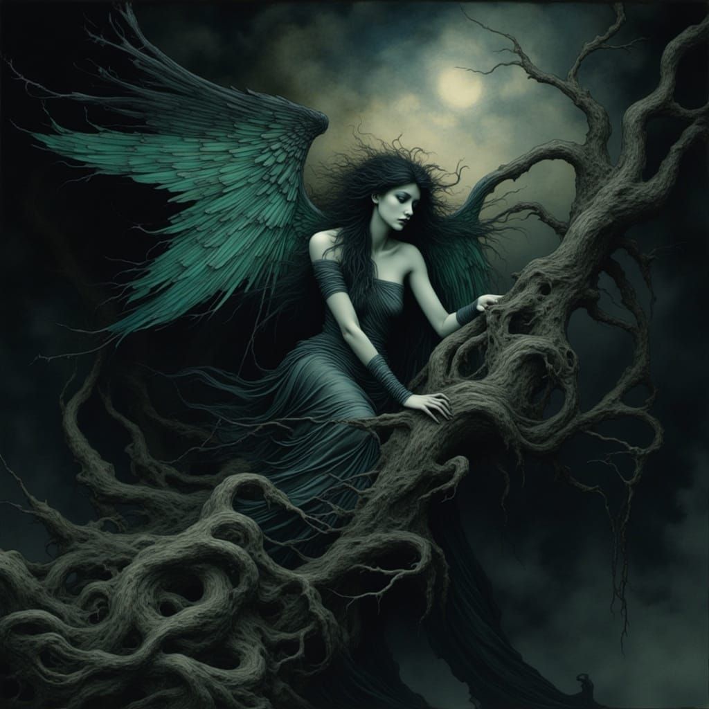 Mysterious Dark Fairy in a Haunting, Ethereal Landscape