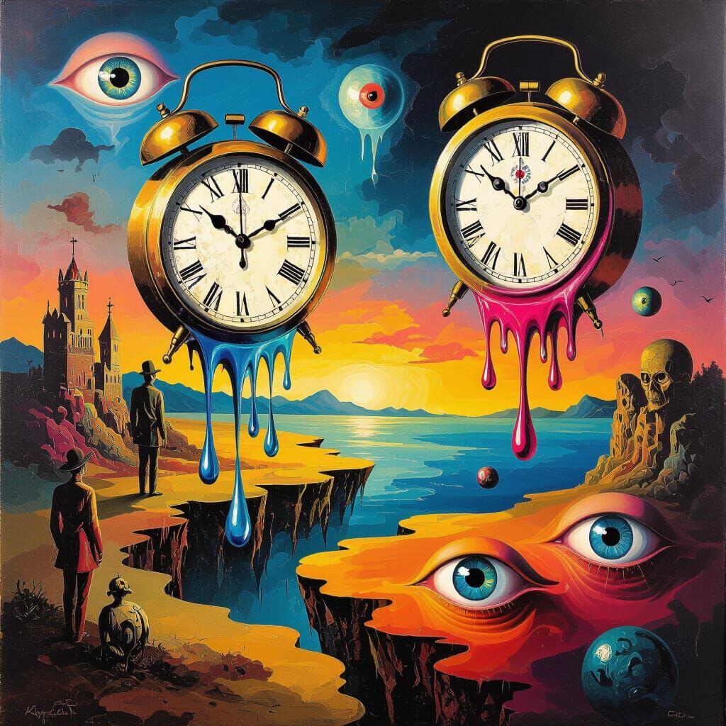 Surreal Dreamscape with Melting Clocks and Floating Eyeballs