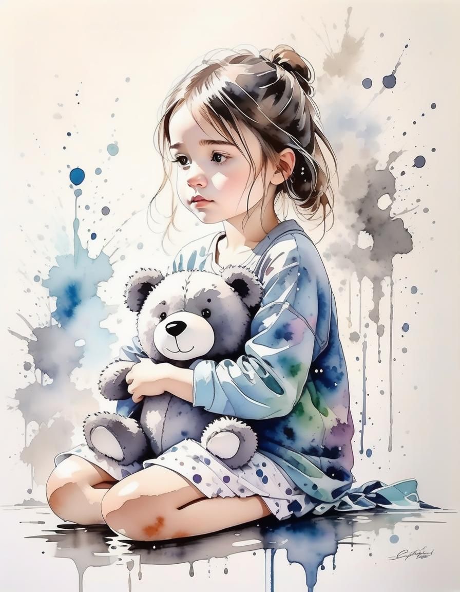 Sad Girl with Teddy Bear in Watercolor Style
