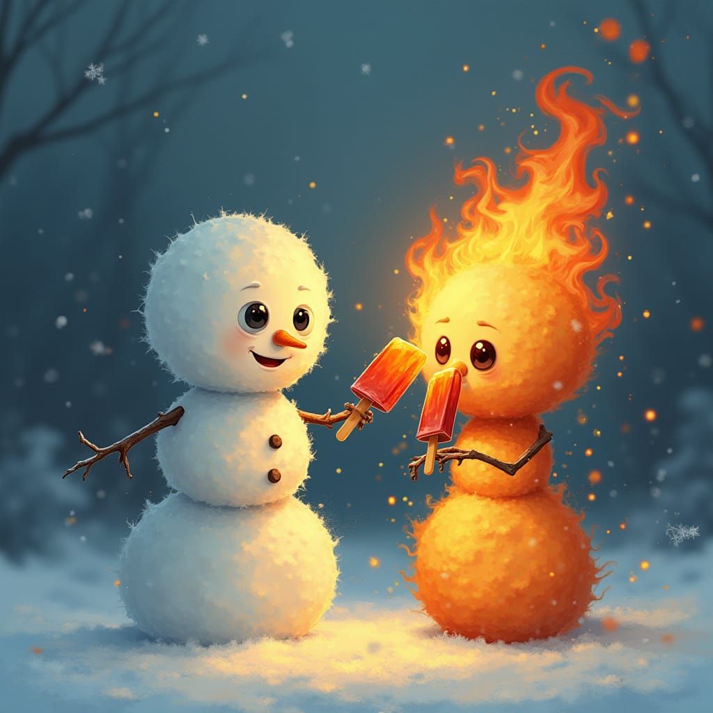 Snowman and Flame Enjoying Flaming Popsicles