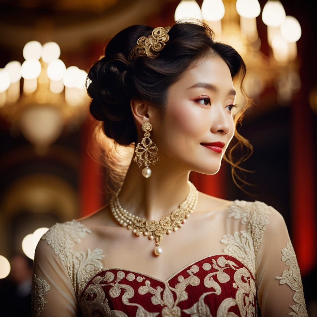 Elegant Asian Woman in Art Nouveau Ball Gown