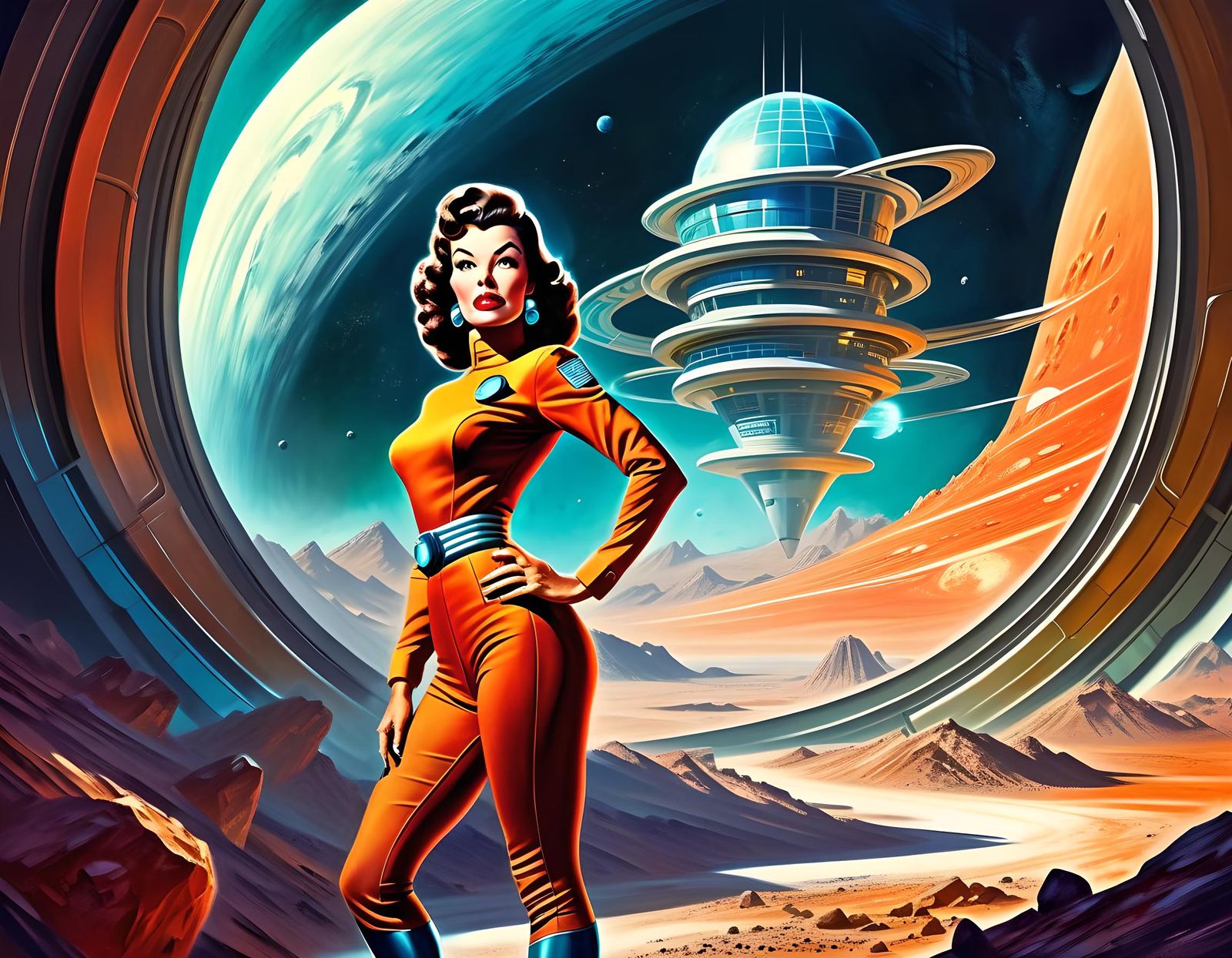 Sci-Fi Pinup in Space Opera Solarpunk Style