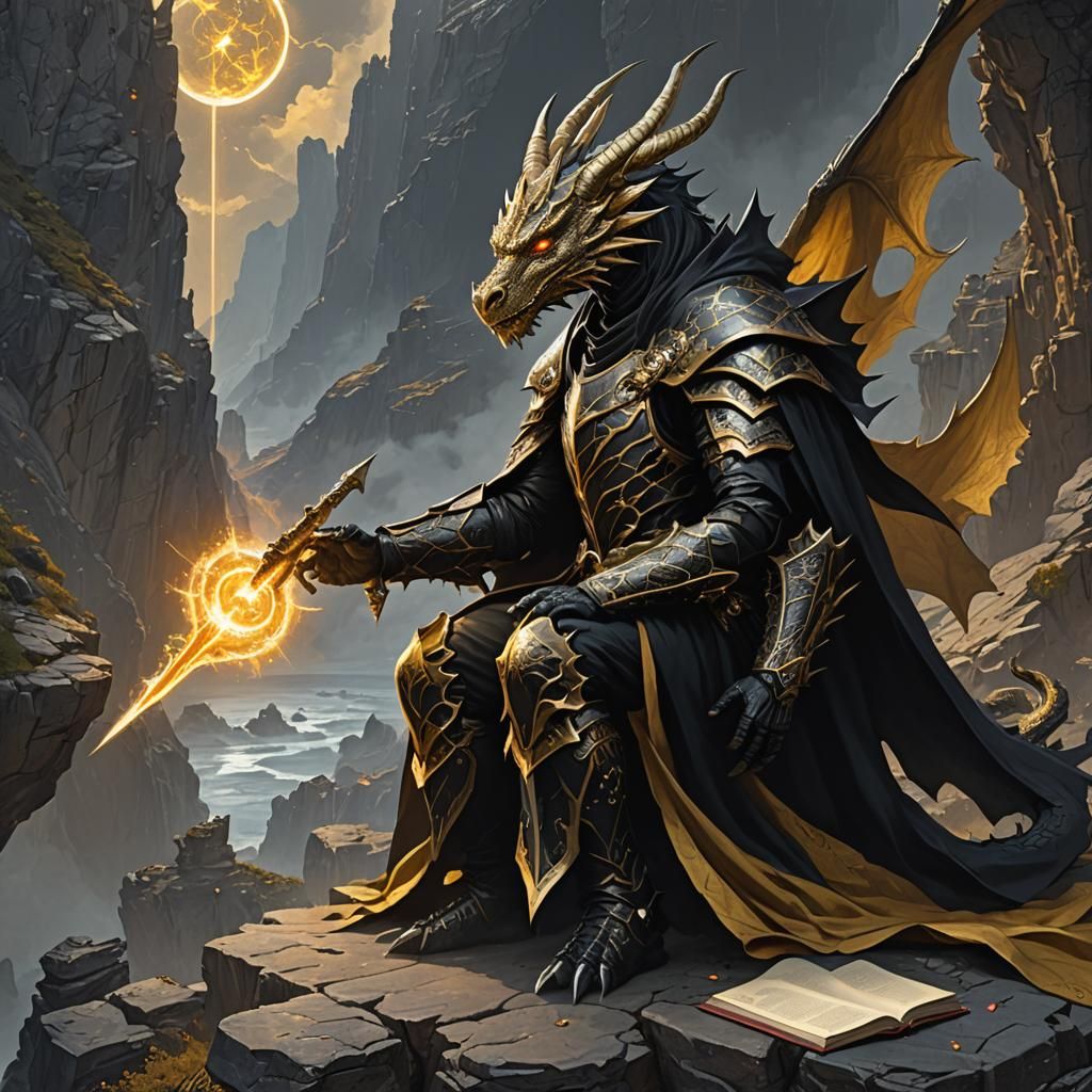 Black Star Dragon and Mage in Dark Fantasy Art