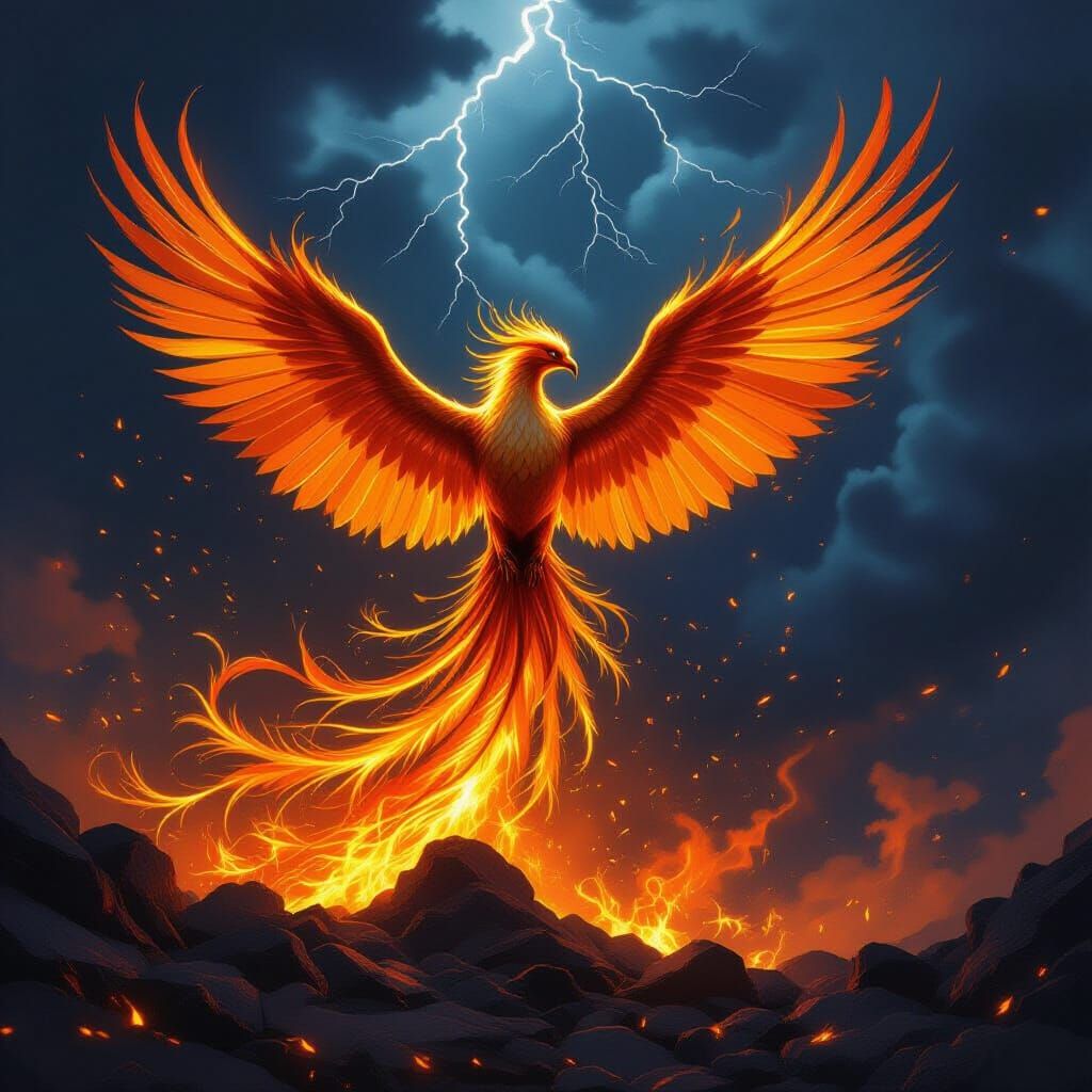 Majestic Phoenix Rises from Ashes in Epic Fantasy Style