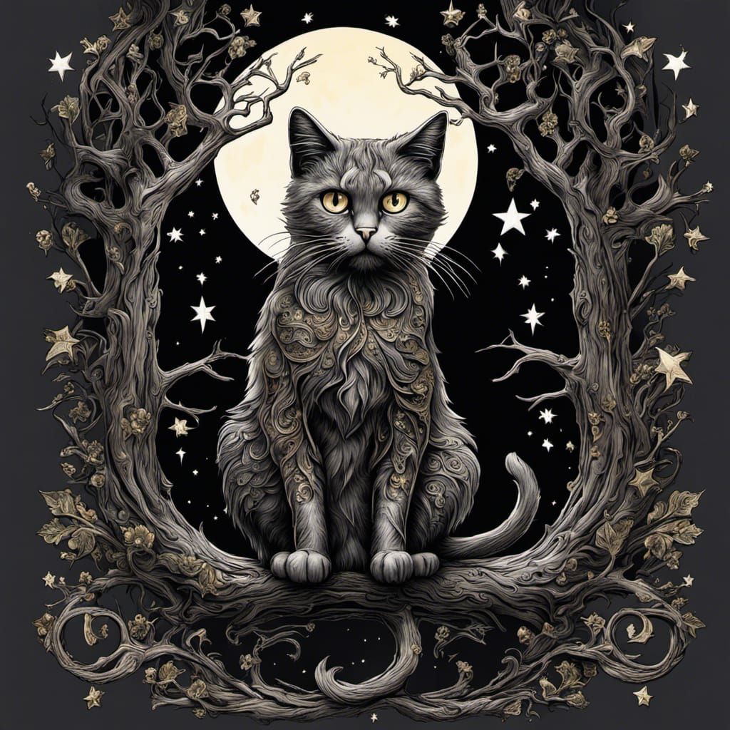 Gothic Cat in Moonlight, Tim Burton Style