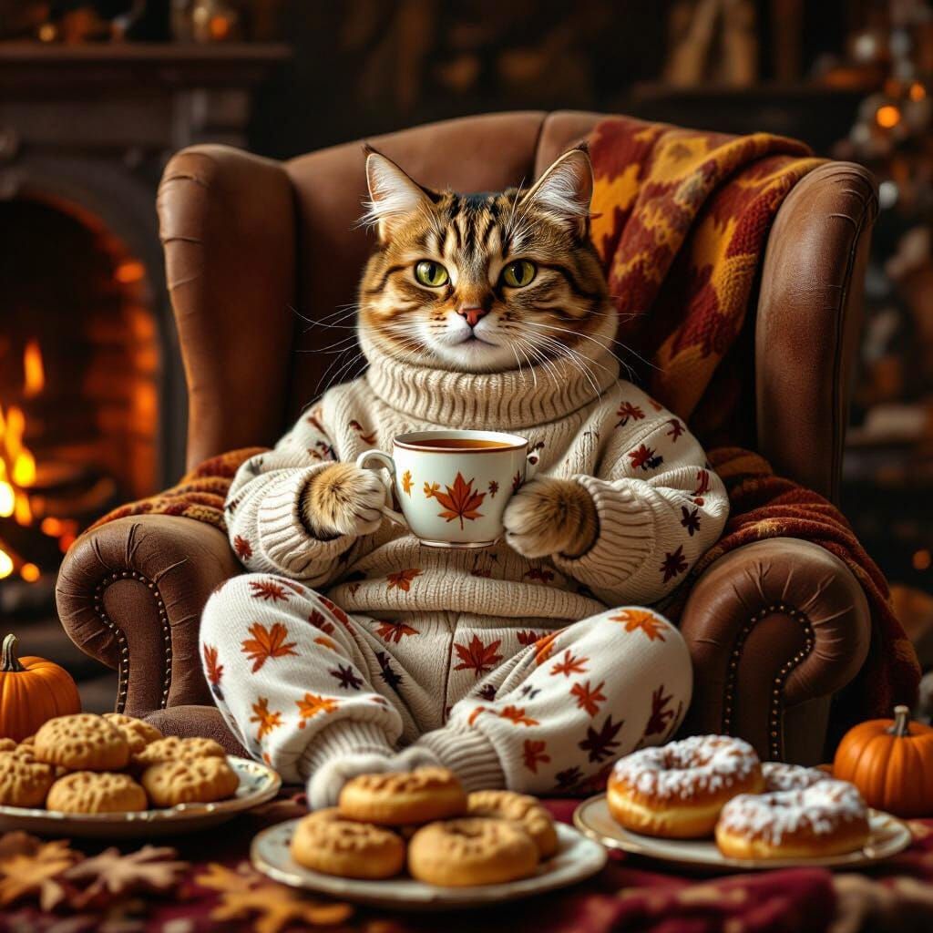 Cozy Autumn Cat Enjoys Tea and Sweets