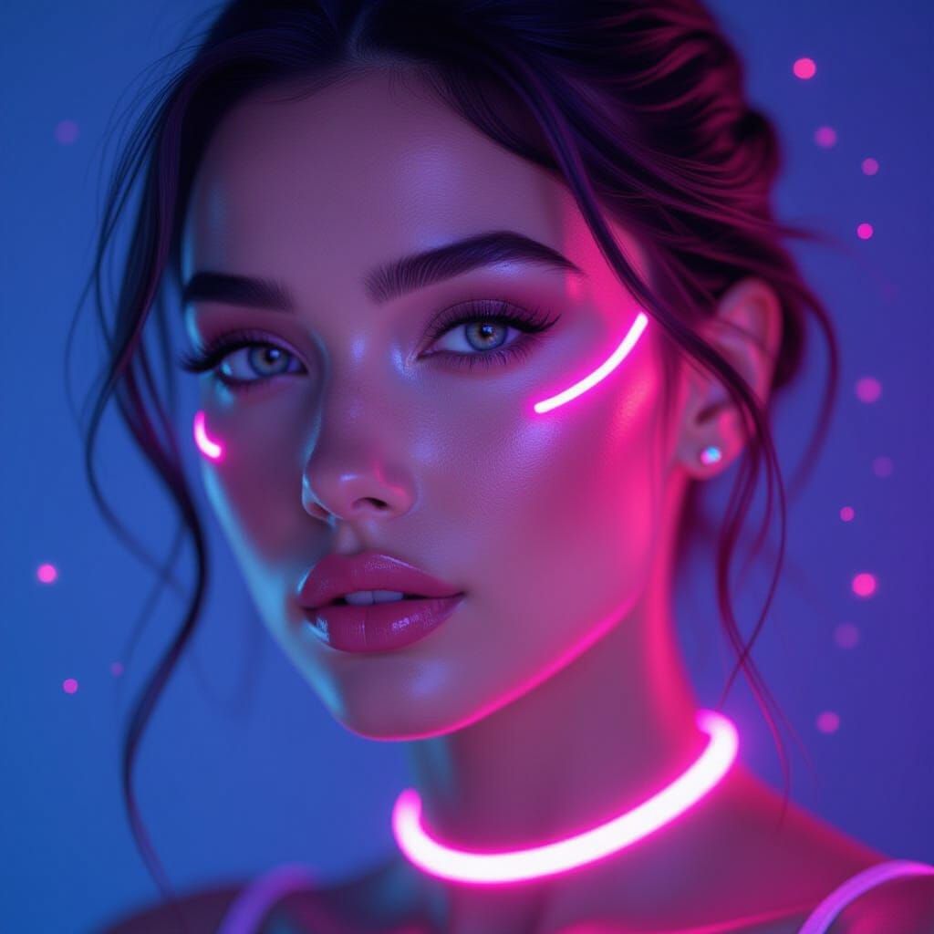 Ethereal Woman's Portrait with Neon Glow, as Digital Art