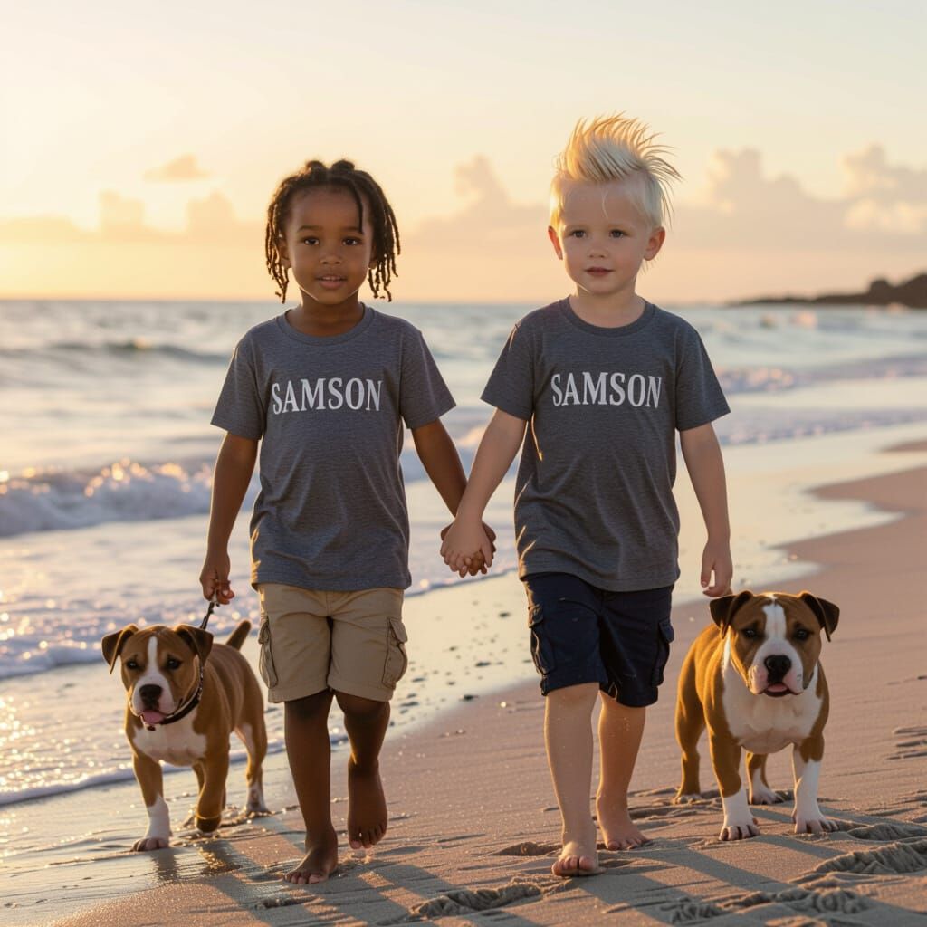 Boys Holding Hands on Sunset Beach with Puppies