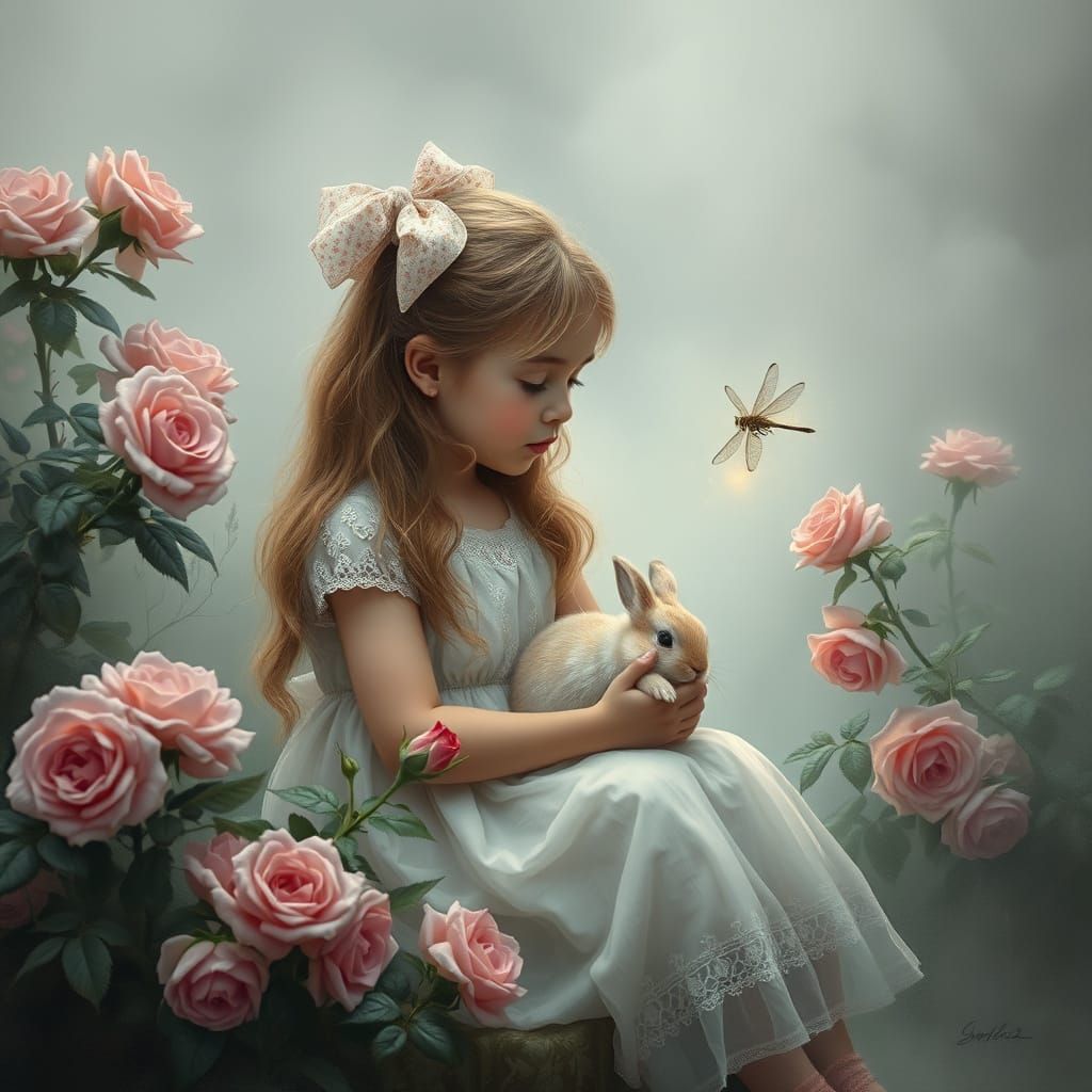 Misty Day: Girl, Dragonfly, and Angora Bunny as Oil Painting