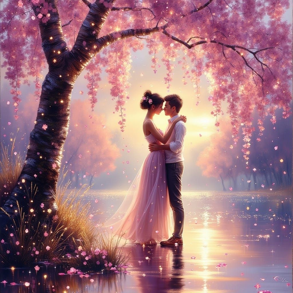 Couple Embracing Under Cherry Blossoms in Twilight