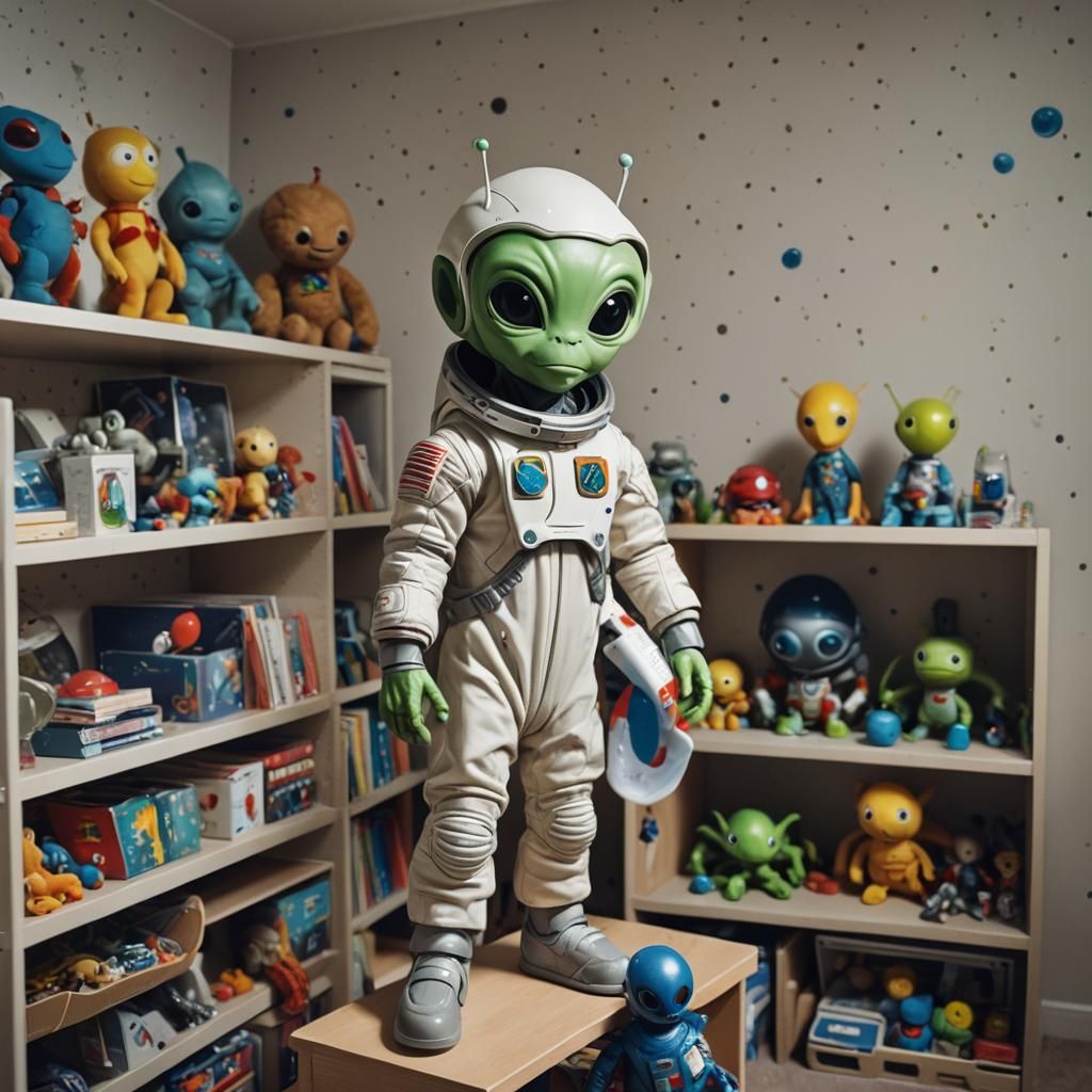 Small Alien in Spacesuit on Toy Shelf