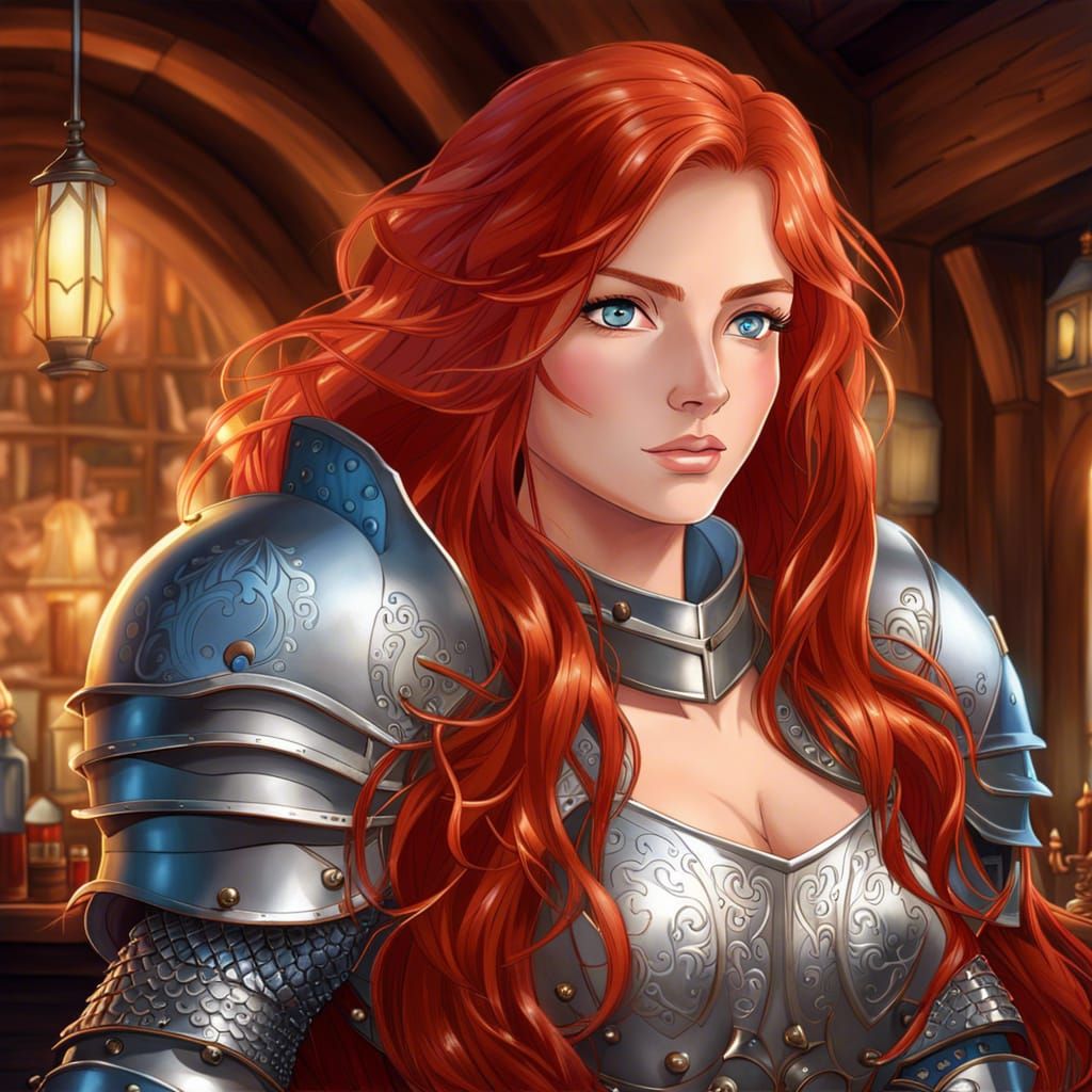 Anime Knight with Red Hair in Tavern