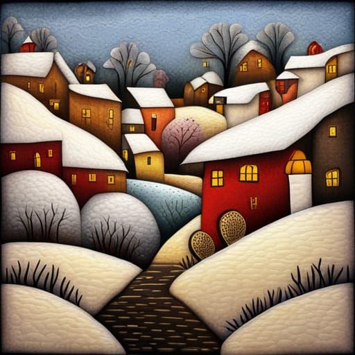 Patchwork Quilt of Cotswold Village in Snow